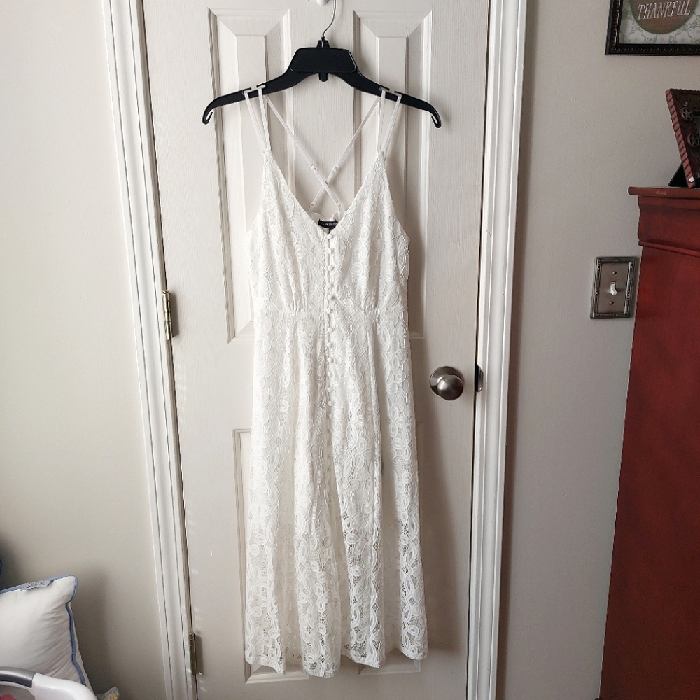 Three Pink Hearts - White Sleeveless Spaghetti-Strap Lace Button-Up Midi Dress